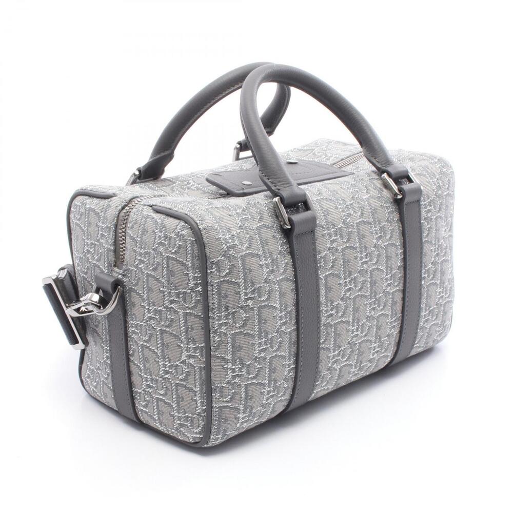 Dior Langot Oblique Handbag Canvas Leather Gray Silver Tone